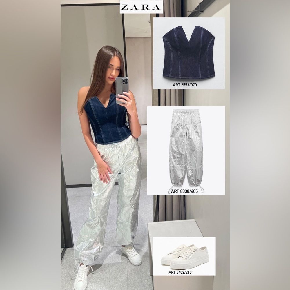 ZARA WOMAN MID RISE METALLIC PARACHUTE TROUSERS PANT SILVER 8338/405/070/015